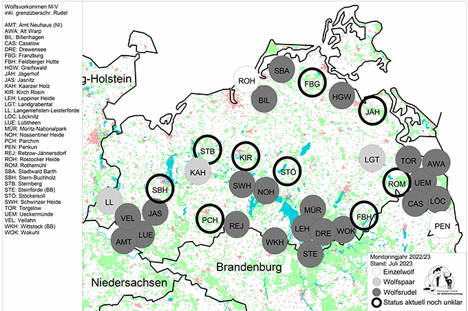 Wolfsvorkommen in Mecklenburg-Vorpommern 2022/2023 - Quelle: Umweltbundesamt/Wolfsmonitoring